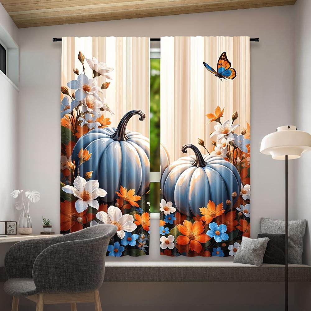 2PCS Thanksgiving Fall Curtains, Blue Pumpkin Floral Butterfly, Digital Print, Bedroom Living Room, Office, Rod Pocket