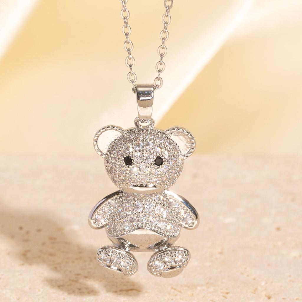 Full Diamond Three-dimensional Teddy Bear Necklace, Creative Personality, Niche Design, Animal Pendant, Fashionable and Exquisite Jewelry