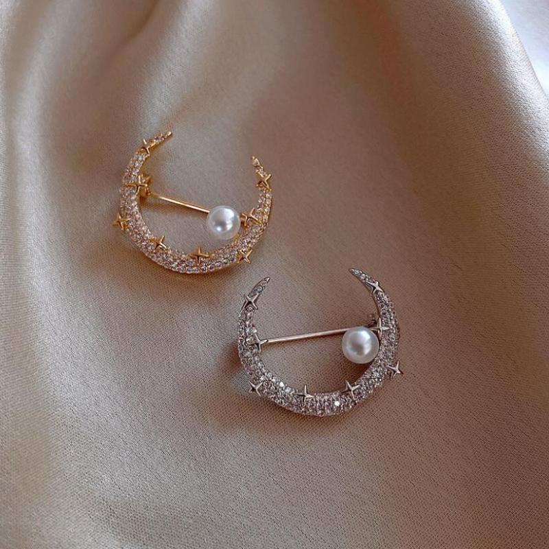 Fashion Sparkling Full of Rhinestone Brooches for Women Moon Pearl Star Lapel Pins Jewelry Accessory Gifts