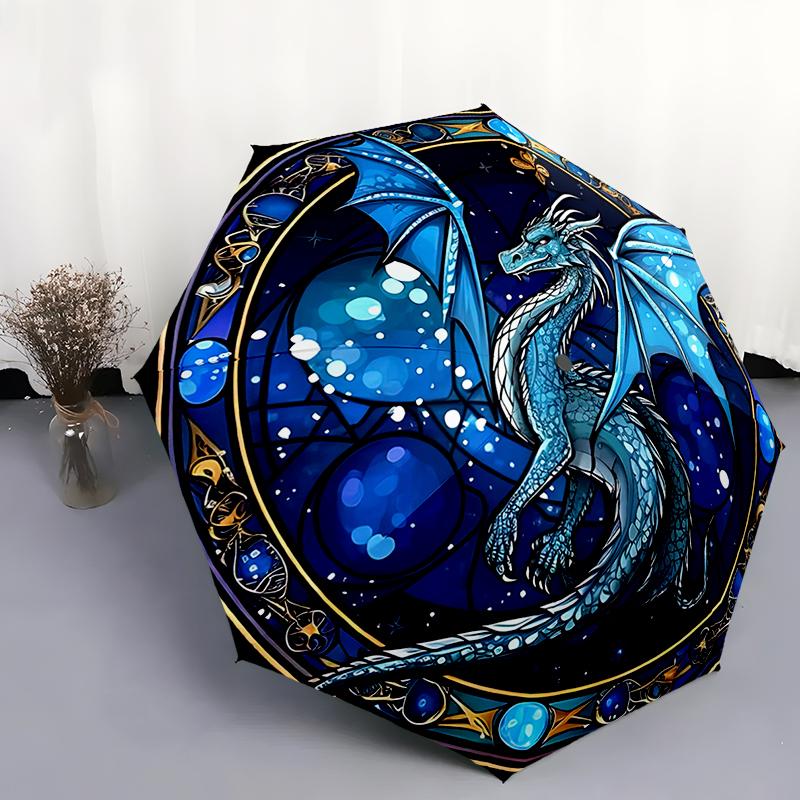 1pc Dragon, dinosaur pattern Umbrella Portable Folding Umbrella Iron Frame Hole Bone Structure Outdoor Home Umbrella