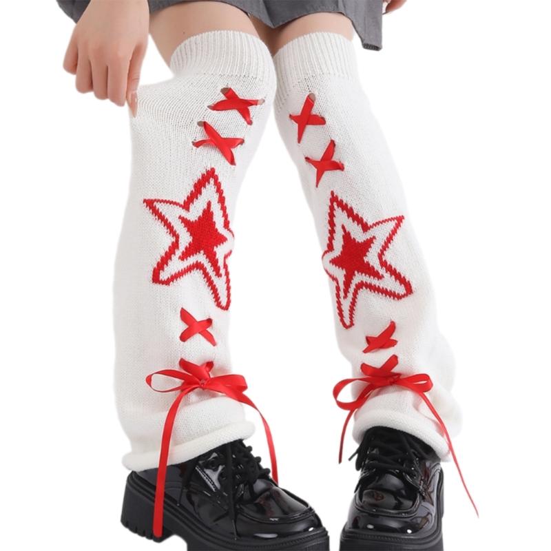 Women's Punk Star Pattern Knitted Leg Warmers with Ribbon Bows Flared Boot Covers Knee Length Socks Japanese Streetwear