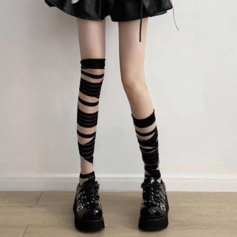 

Sweet Nylon Transparent Stripe Stockings Lolita JK Style Ultra-thin High Tube Long Socks Pile Up Hosiery Elastic Streetwear One Size чорний