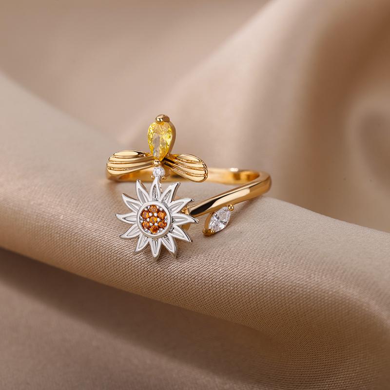 Anti Stress Anxiety Fidget Rings for Women Satinless Steel Spinner Sunflower Sun Star Ring Trendy Jewelry Gift