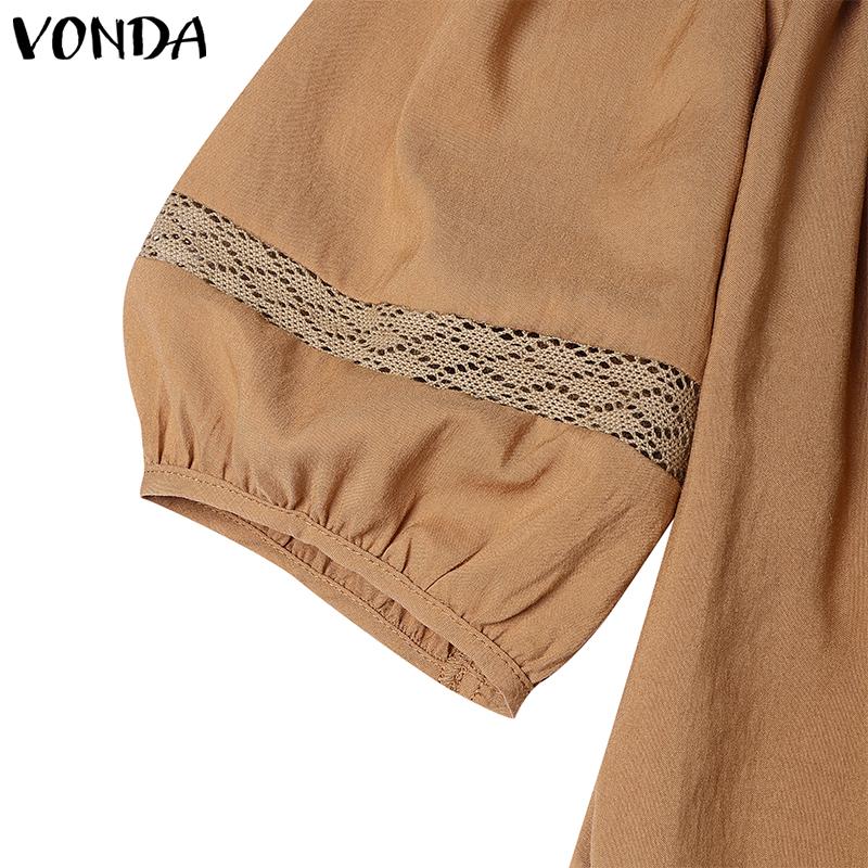 VONDA Elegant Women Square Collar Puff Sleeve Crochet Patchwork Casual Blouse