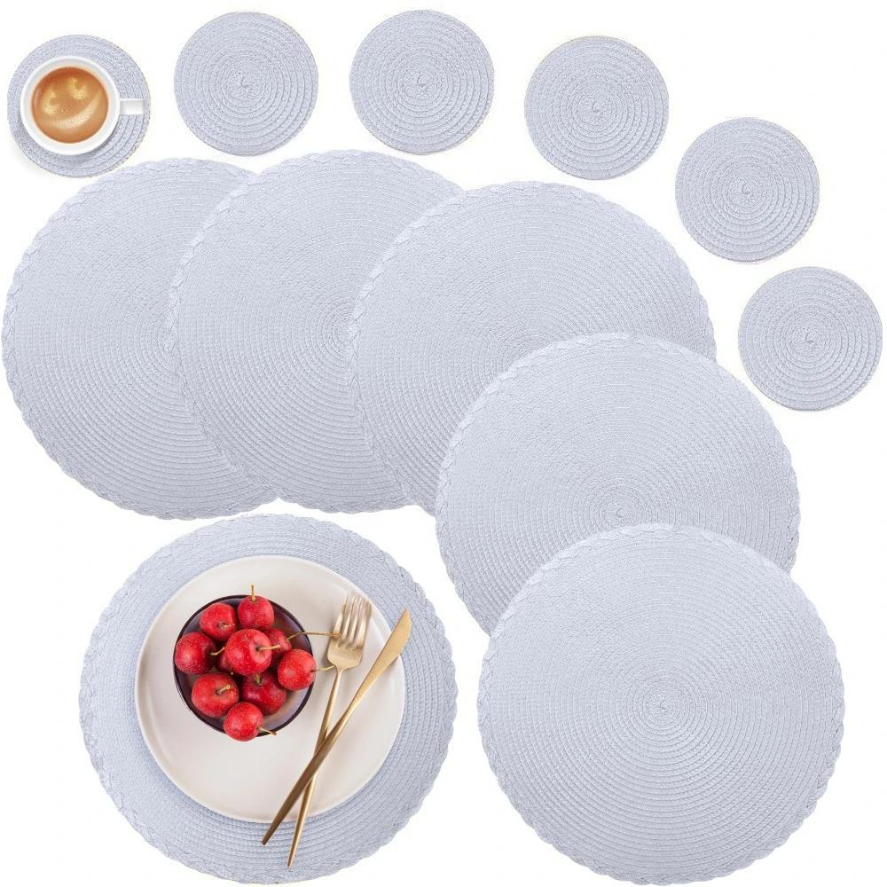 6Pcs Round Table Mat and Cup Coasters Set Woven Ramie Placemats Anti Slip Dining Placemats Non-Slip Tableware Bowl Pads Kitchen