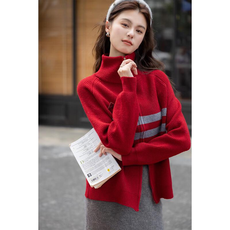 ITISF4 Women's Loose Striped Double-Zip Knit Sweater