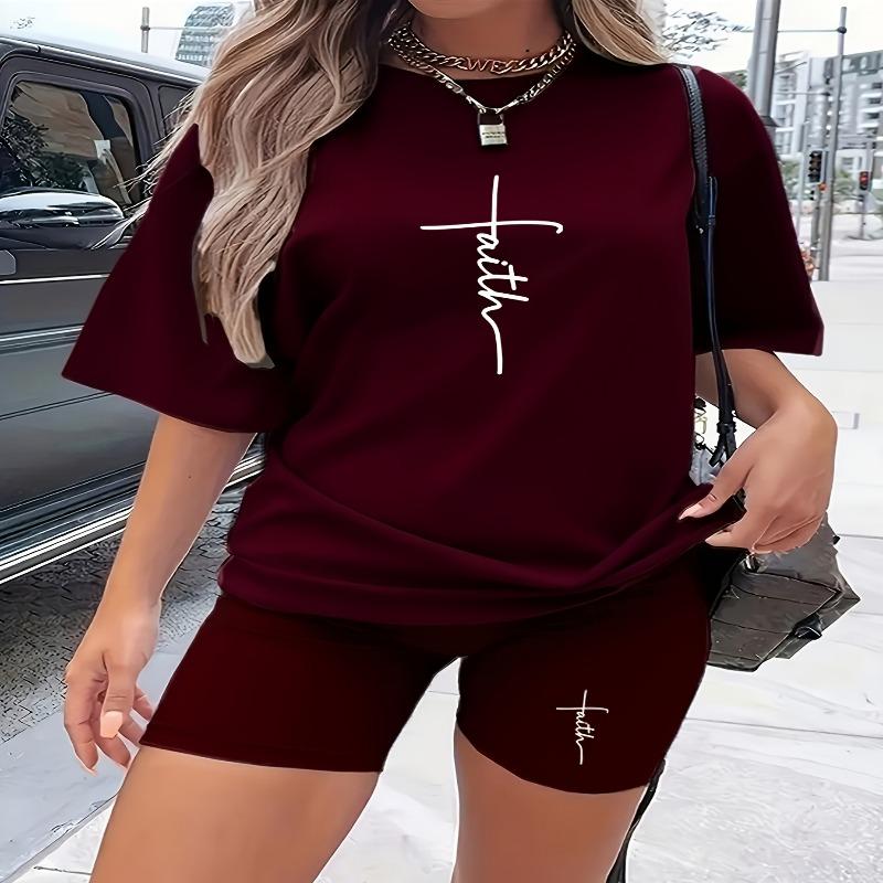 Women's Casual Faith Cross Letter Pattern T-Shirt Short Sleeve Shorts Set