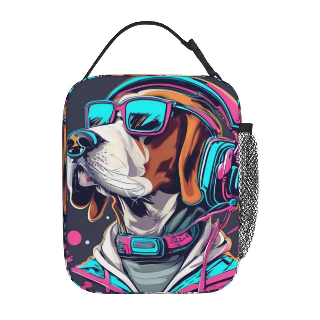 Dog Wearing Headphones And Colorful Jacket Print Insulated Lunch Bag for Women Kids Portable Food Boxes Thermal Lunch Box Tote