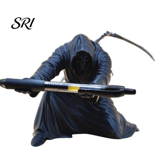 Kneeling Grim Reaper Decor Pen Holder Gothic Black Cloak Skeleton Pencil 3D Unique Gift Printed Cool Stand for Students Adults Office Desk Accessory