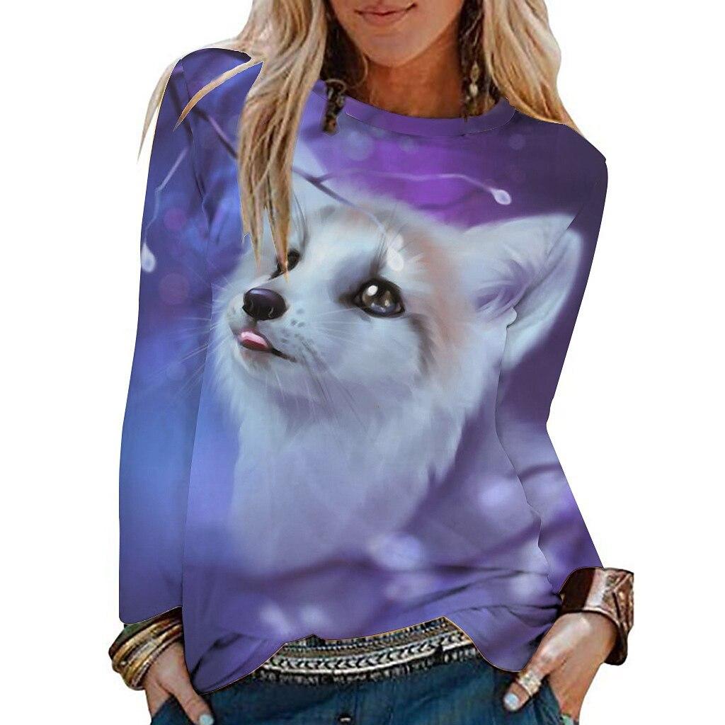 Round Neck Cat Dog 3D Printed Top Casual Long Sleeved Women's T-shirts - Soft Medium Stretch Polyester Fabric Spring and Autumn Relaxed Fit Clothing