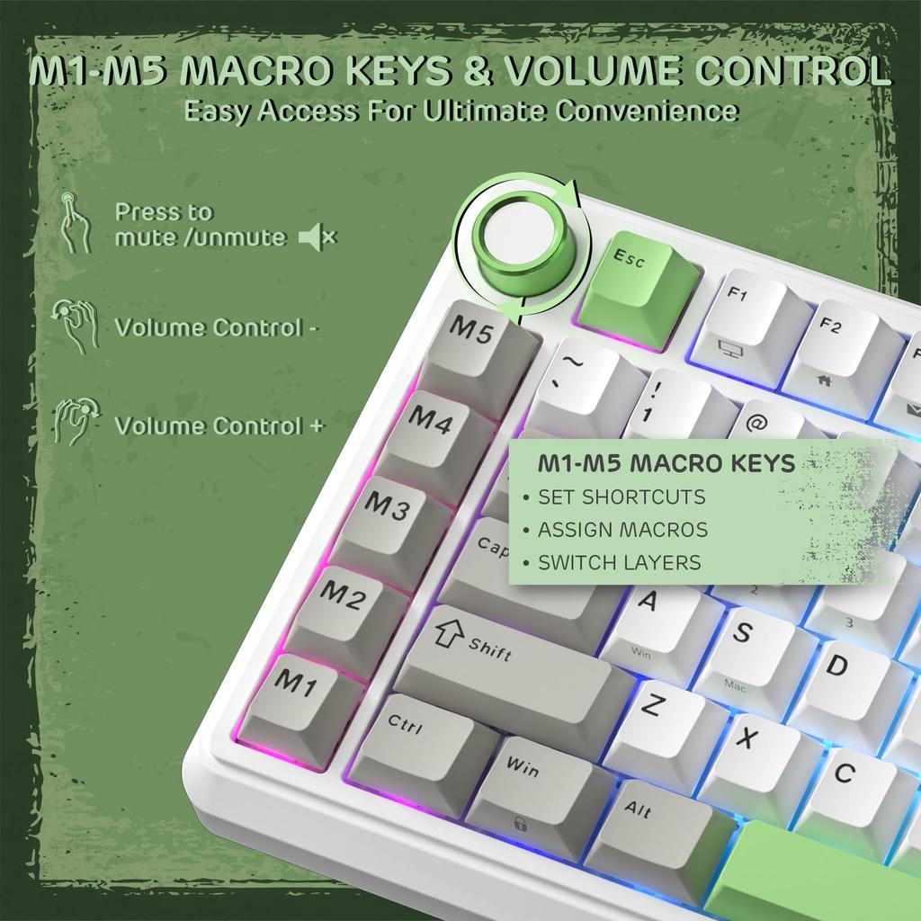 RK ROYAL KLUDGE L75 Mechanical Keyboard with Gasket Assembly, ButtonsMacro Keys, Touchable Nameplate, Tri-Mode BT2.4GUSB-C 75% TKL Wireless Keyboard,