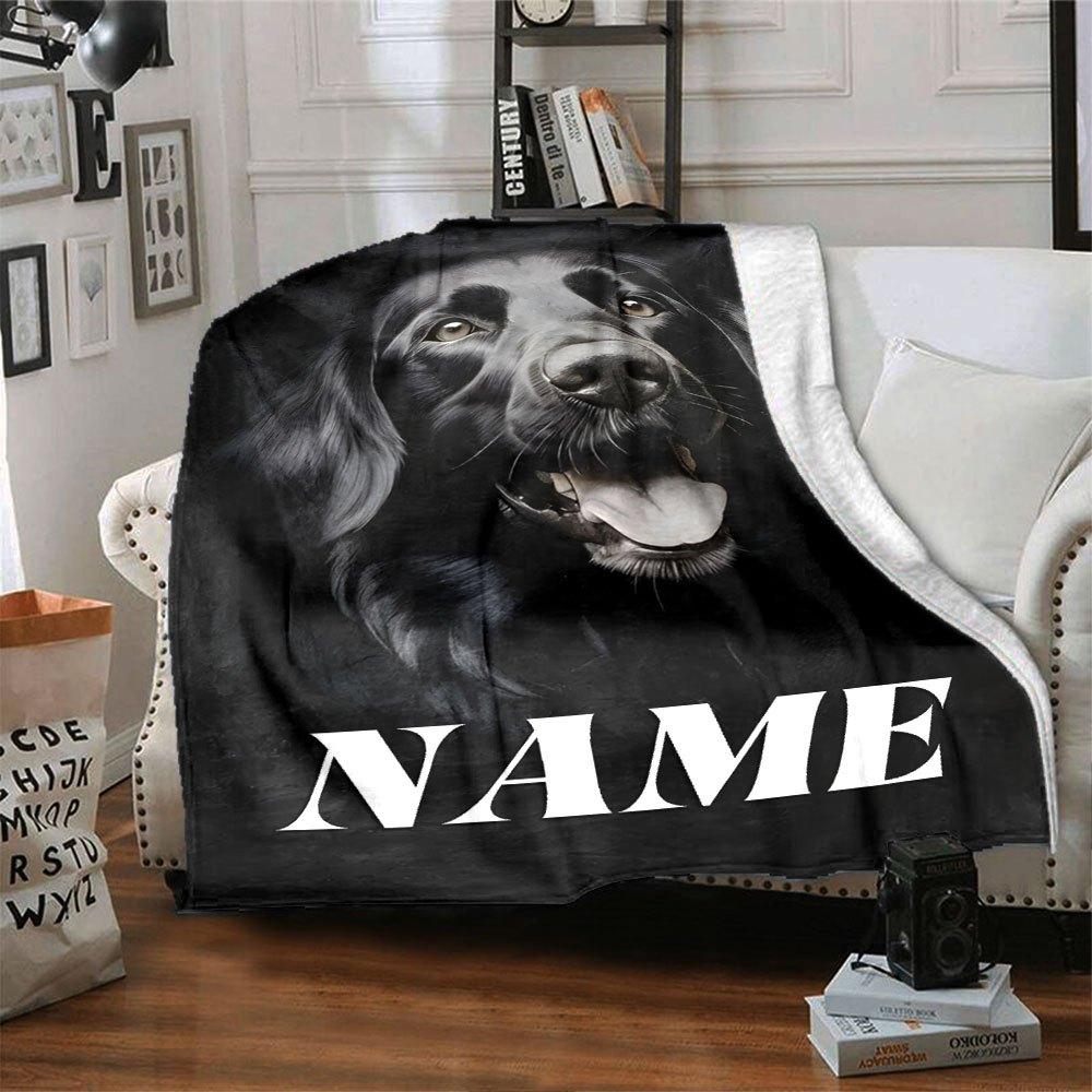 Black Dog With Open Mouth And Tongue Out On A Dark Background With The Word Below Cozy Personalized Blanket Customize Your Name Warmthful Decor