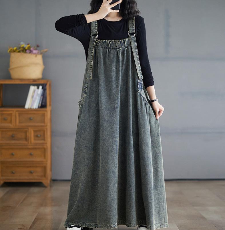 Japan and South Korea Large Size Women's Clothing Spring and Summer Medium and Long Strap Skirt Women's Loose and Thin Denim Strap Skirt Bigswingdress
