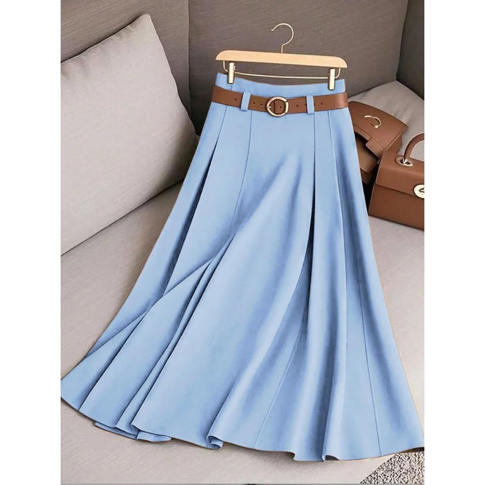 Women's A-Line Maxi Skirt Elegant Solid Color Flared Umbrella Hem with Multiple Vertical Pleats Skirt(Belt Included)