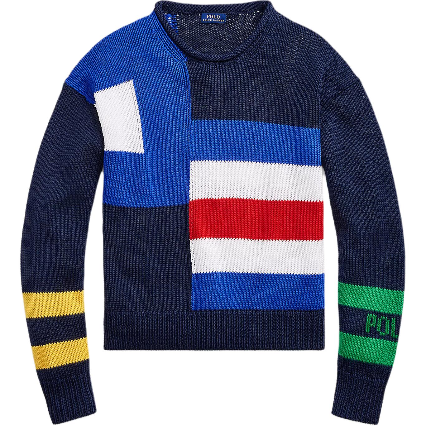 Polo Ralph Lauren Осень/Зима 25 Цветной блок Толстая линия Вышивка букв Круглый вырез Длинный рукав Вязаный свитер Классическое издание Женский свитер 211793732-001 XS