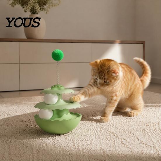 Interactive Pet Toys for Cats 2PCS Cat Tumbler Track Toy, Multi-Layer Turntable Toy Spring Powered Teaser with Plush Ball, Self Play Puzzle
