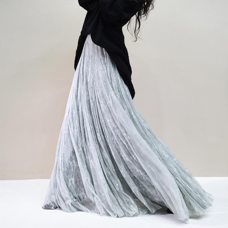 Women's Chiffon Maxi Skirts Lace Elastic High Waist Pleated A-Line Flowy Swing Maxi Skirts for Party Dance Soft Double Layer Maxi Skirts for Women