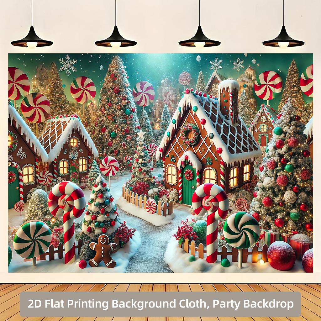 2D Flat 2D Flat Printing Background Banner Christmas Candy Gingerbread Village Background Cloth Multi-purpose Polyester