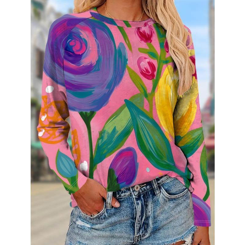 Women's casual vacation long-sleeved T-shirt with purple and yellow flowers
