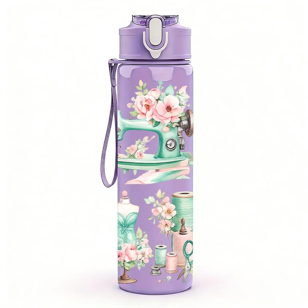 1PC Vintage Coffee Tea Cup Floral Print 750ml Color Plastic Sports Water Bottle Leakproof Flip Straw Lid Suitable for Sports Office Home Use
