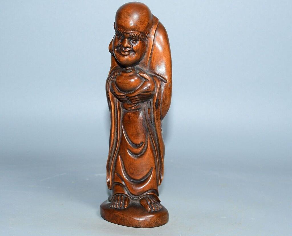 Kinesisk Antikk Buksved Utskåret Fin Arhat Buddha Statue Hjemmedekor Skulptur Kunst