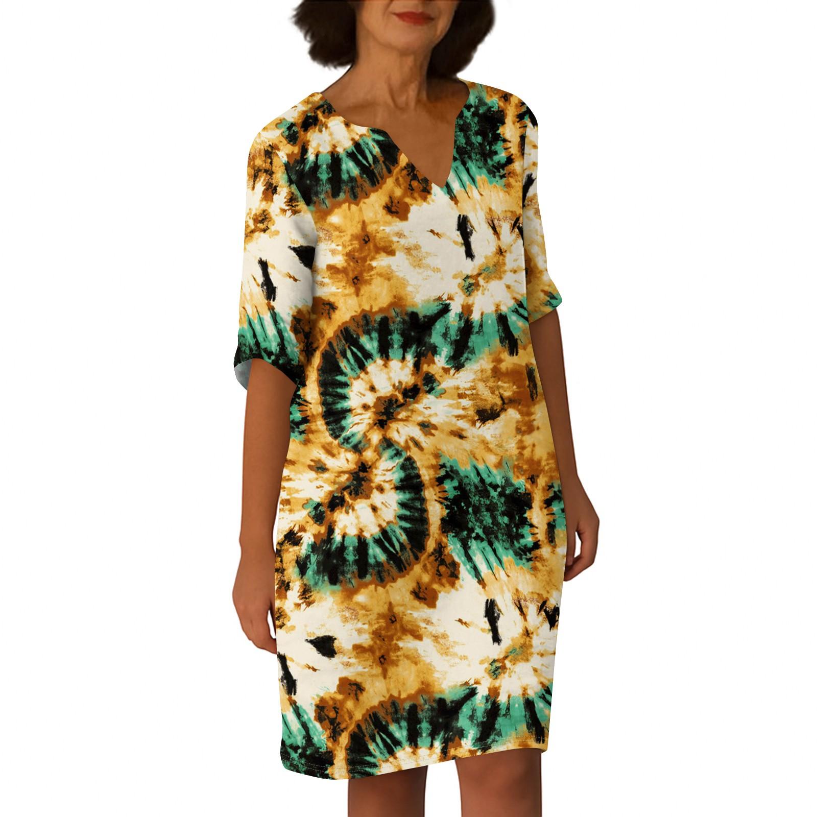 

Платья для женщин. Винтажное платье-туника с принтом и талией. Летнее повседневное платье с половиной рукавов. S оранжевый