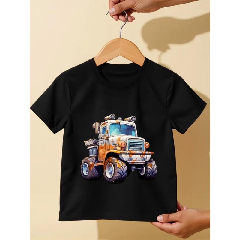 European Size Childrens Round-neck Short-sleeved T-shirt with Colorful Truck Pattern Print