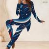 Women Plus Size Navy Blue Fireworks Printed Round Neck Long Sleeve Longline Top Fitted Pants Two Piece Set