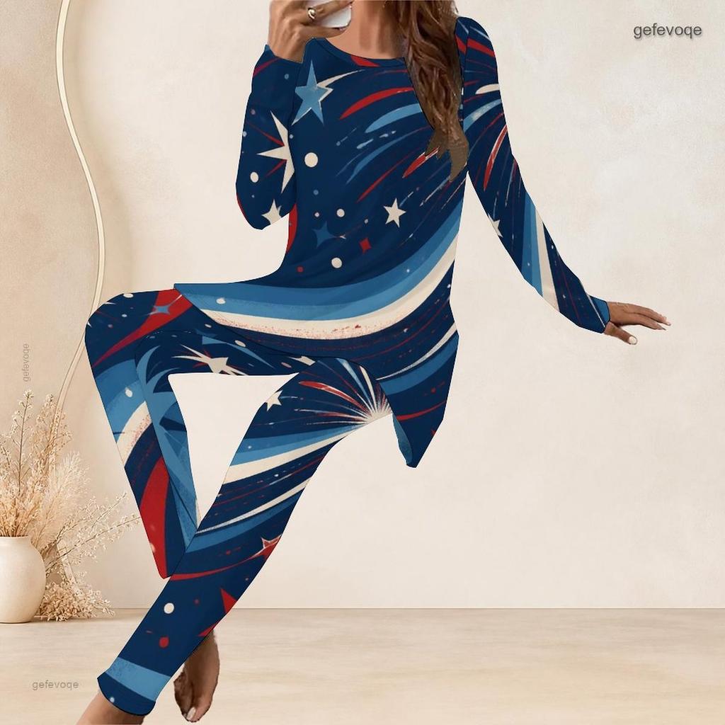 Women Plus Size Navy Blue Fireworks Printed Round Neck Long Sleeve Longline Top Fitted Pants Two Piece Set