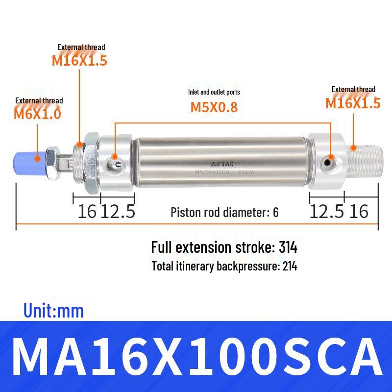 AirTAC Stainless Steel Mini Cylinder MA Series - Sizes: 16/20/25/32 mm x 15/25/30/50/75/100/125-SU