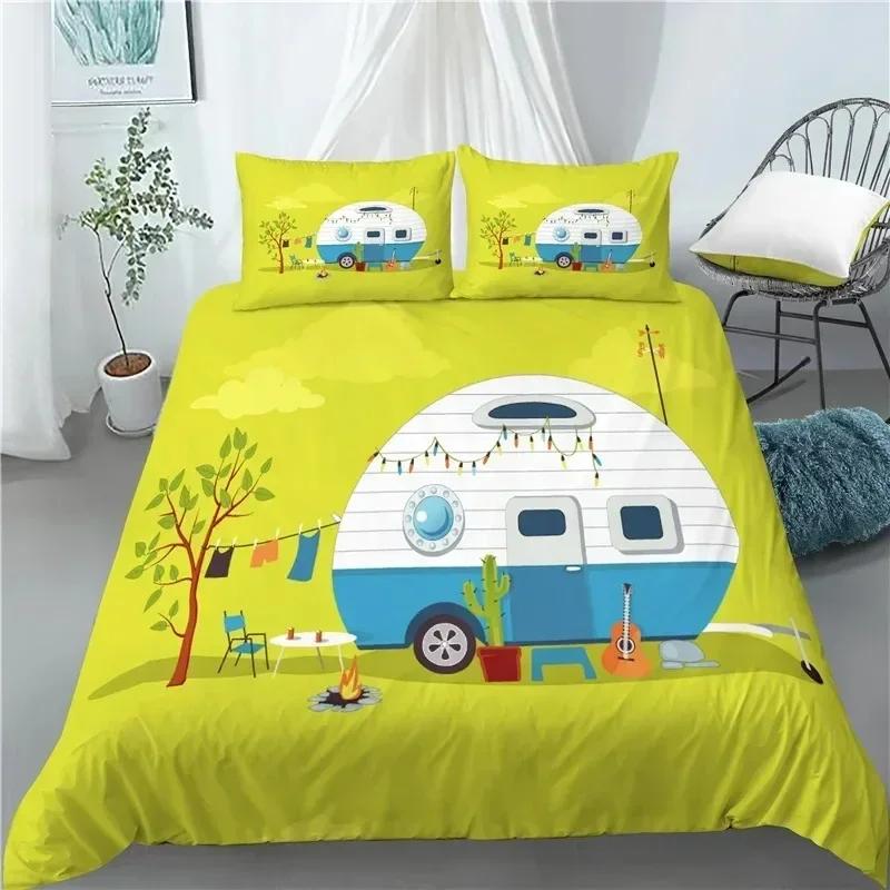 Happy Camping Duvet Cover Queen Cartoon Caravan Camping Bedding Set Farmhouse Style 3D Camper Comforter Cover With Pillowcases02
