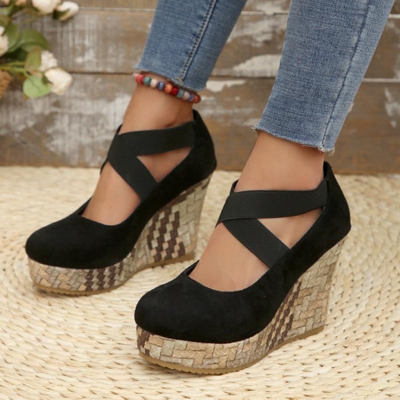 Fashion New Women's Wedges Shoes Spring Autumn Round Head Fashion Platform High Heels Cross with Single Shoes Straw Zapatos De Mujer