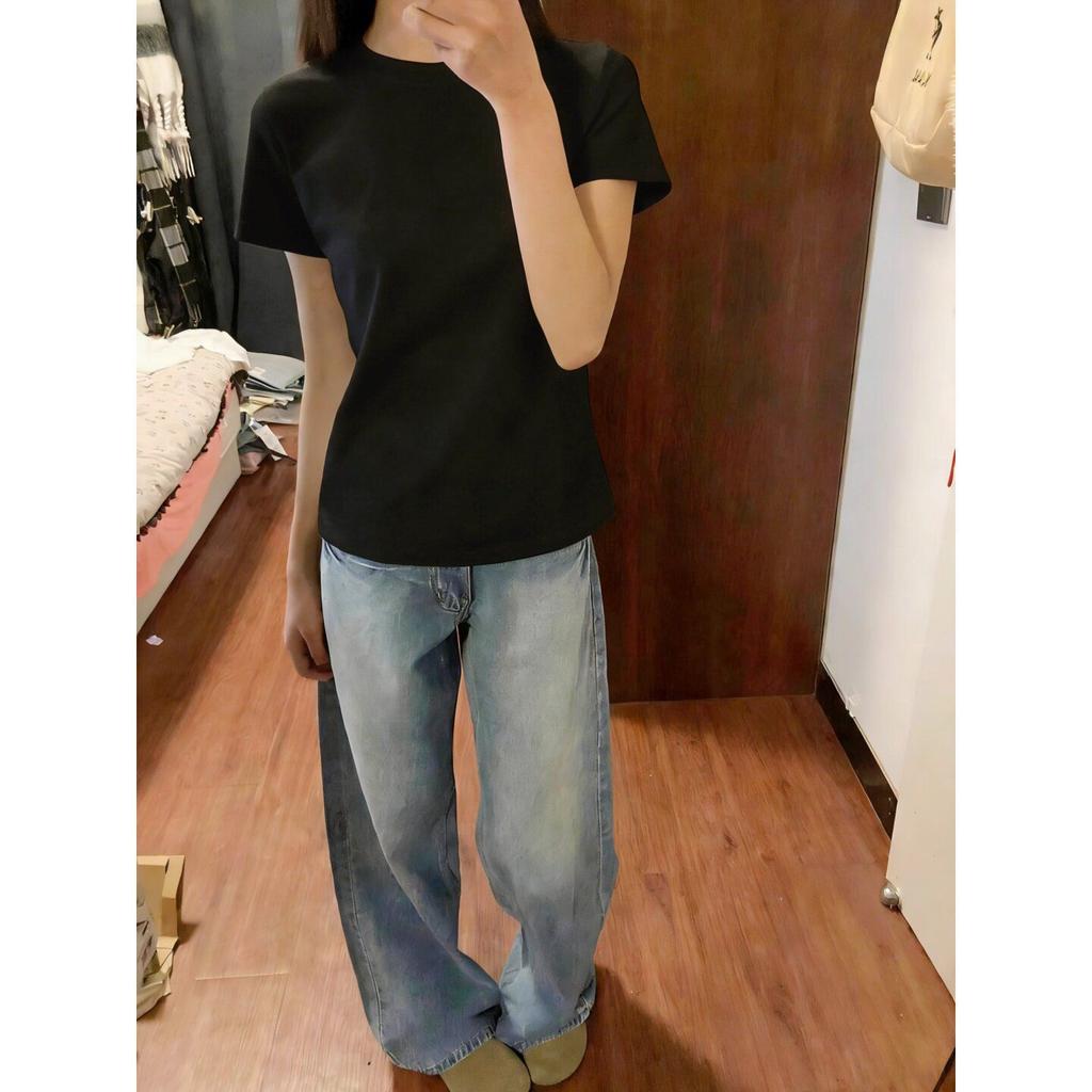 Front Shoulder Crew Neck Short Sleeve T-Shirt Women's Summer Short High Waist Slim Skinny Top Casual Simple Versatile T-Shirt