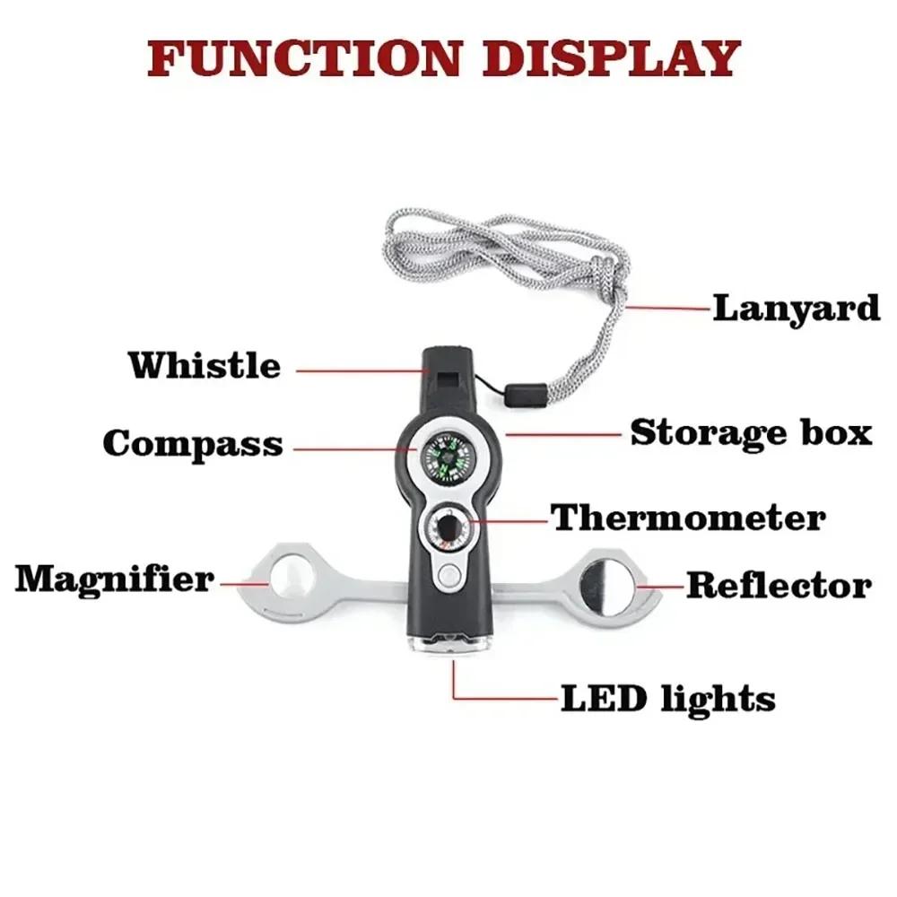 7 In1 Outdoor Survival Whistle Emergency Tools Camping Hiking Rescue Emergency Loud Whistle Compass Thermometer Magnifier