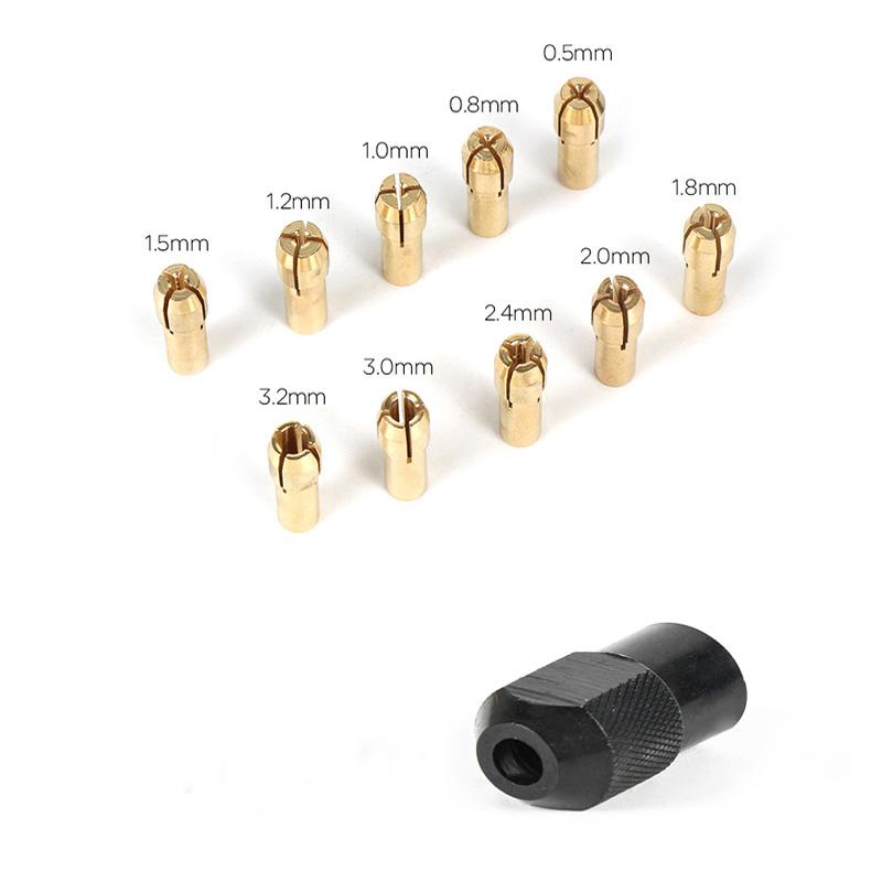 10-11pcs/batch Mini Drill Brass Collet Collet for Rotary Tools 0.5-3.2mm Brass and Nut for Accessory Set