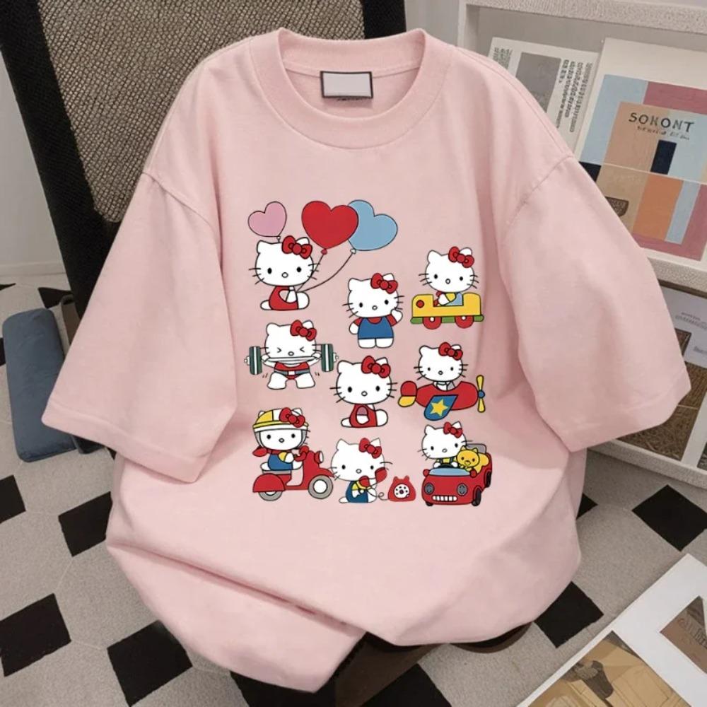 Hello Kitty Kawaii Baumwoll-T-Shirt Sanrioed Anime Mode Damen Top Sommer Lässig Straße Personalisiertes Süßes Mädchen Top T-Shirt