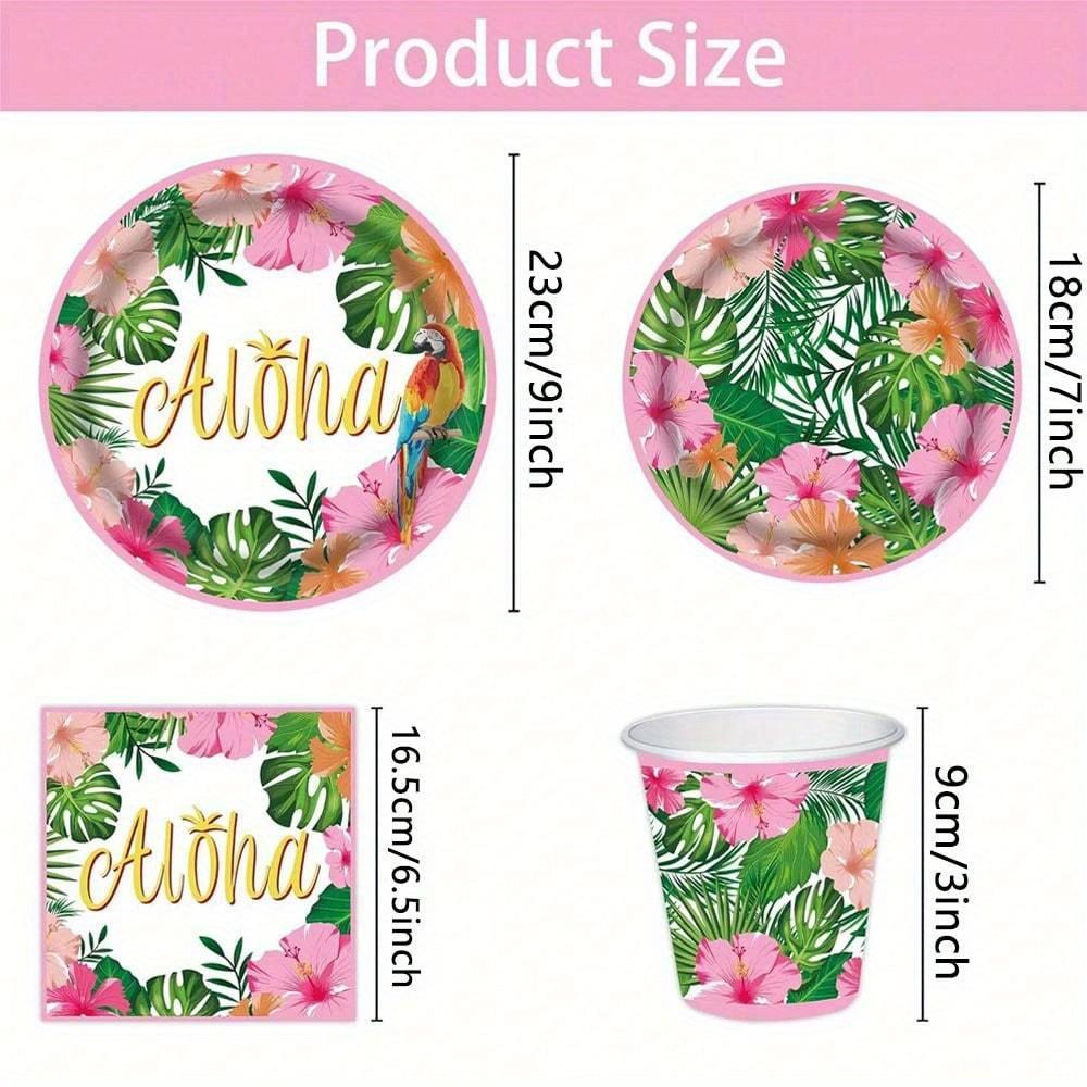 Pink Hawaiian Paper Cups Napkins Plates Tropical Luau Party Supplies Disposable Plates and Party Napkins Tropical Palm Leaf and Hibiscus Aloha