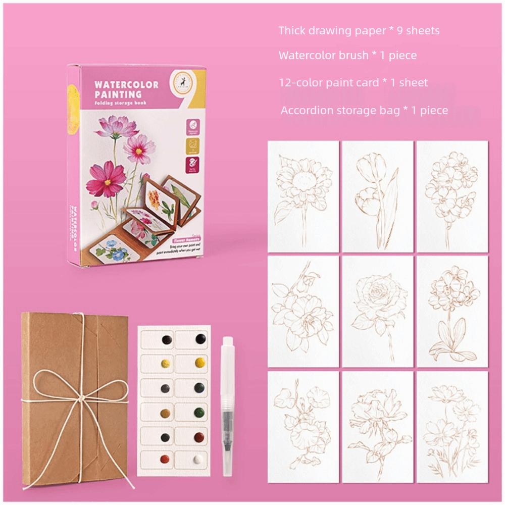12 Colors Solid Pigment Watercolor Painting Book Thick Kraft Paper Watercolor Book Organ Folding Folding Storage Book Adult Kids