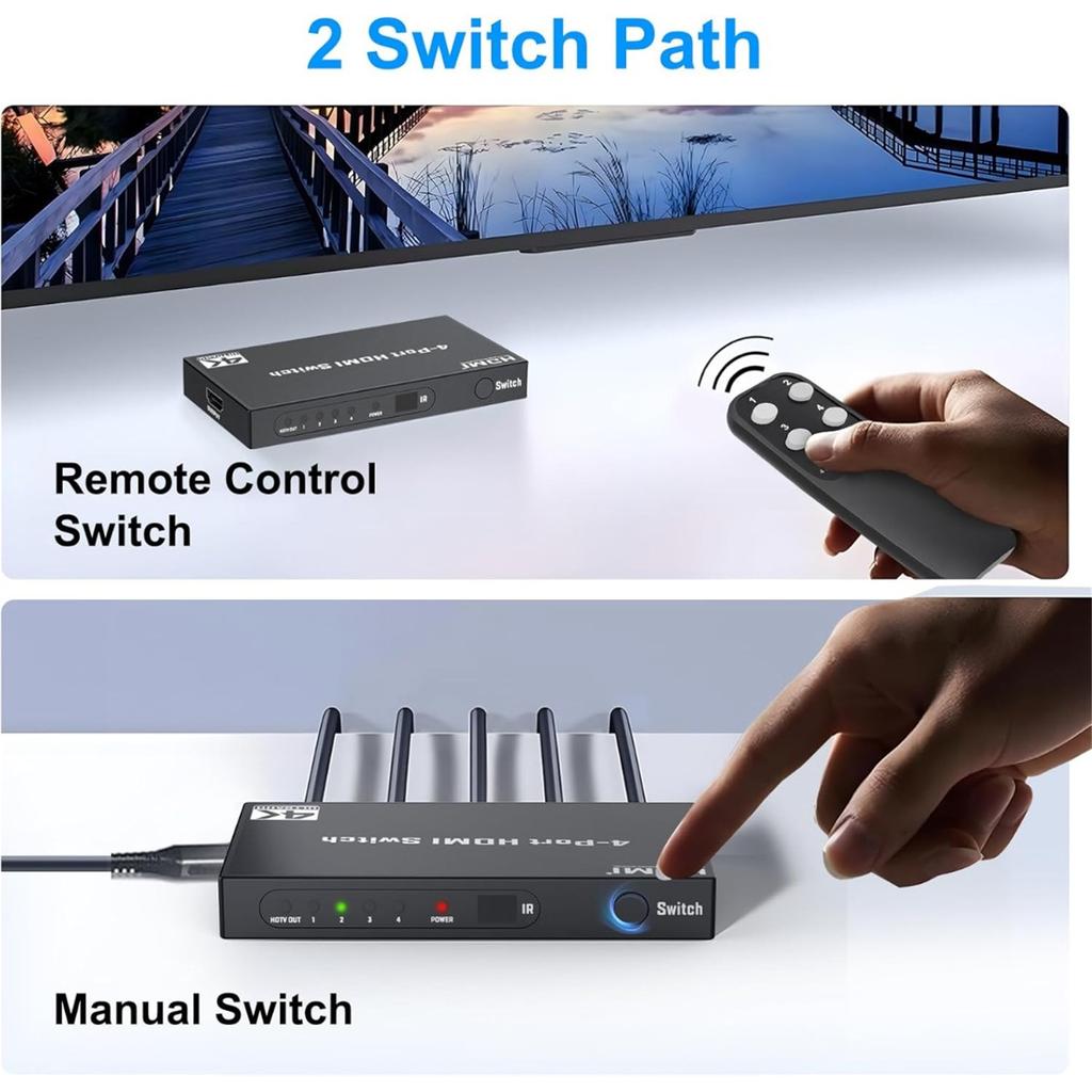 HDMI 4x1 Switch 4-Input 1-Output HDMI Switch HDMI Selector Supporting 4K@30Hz Ultra HD Includes Remote Control 10.2 Gbps High-Speed Data Transfer
