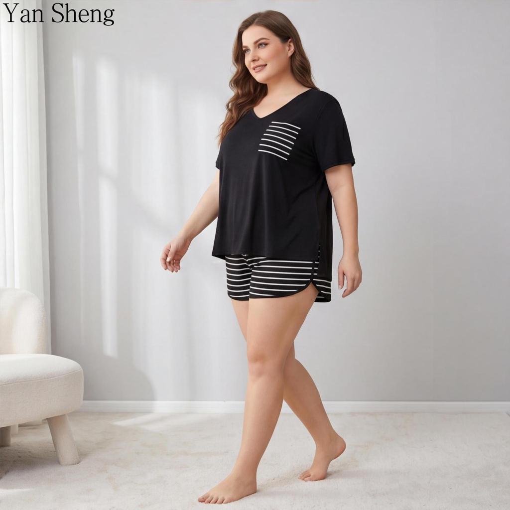 Large Size Women's Pajamas Set Short-sleeved Shorts Colored Cotton Loose Home Clothes Summer Casual Two-piece Set