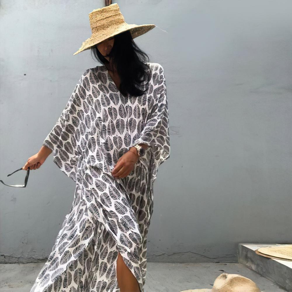 Bedruckter V-Ausschnitt Strandüberwurf: Europäischer & Amerikanischer Stil Lockerer Bademantel für Strandurlaube