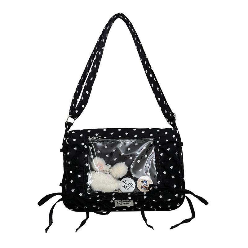 

New Fashion Casual Women Messenger Bags Clear Window College Girls Bookbag Pin Display Ita Crossbody Bag Nylon Shoulder Purse чёрный