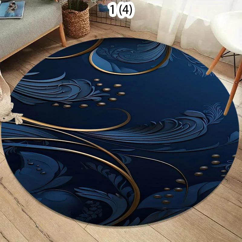 Round Decorative Bath Mat Navy Blue Tropical Feather Design Soft Absorbent Bathroom Rug for Home Decor