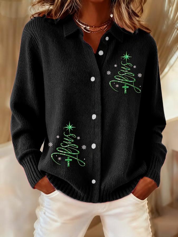 2026 New Women's 3D Print Lapel Cardigan Knit Shirt - European American Christmas Autumn Winter Top