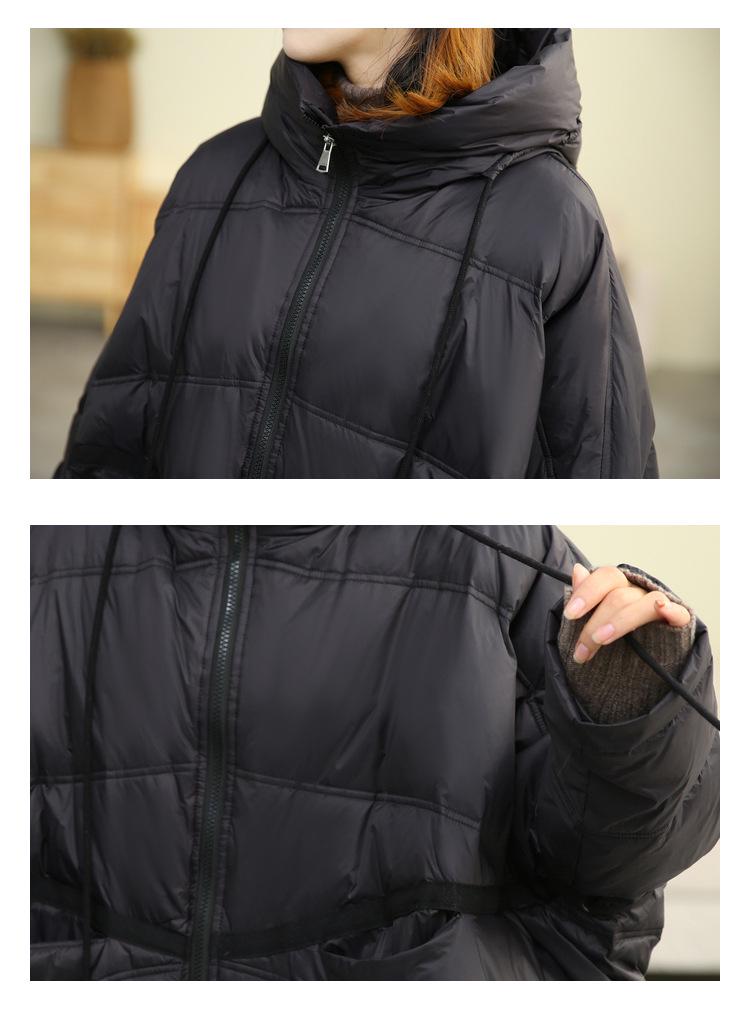 Women's Mid-Length Hooded Patchwork Pendant Down Jacket - Plus Size, Loose Fit, White Duck Down, Autumn/Winter Style