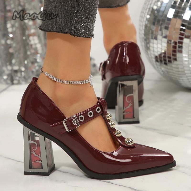 Fashion Punk Elegant Pointed Toe High Heels Pumps Women 2025 New Trendy Thick Rose Heeled Dress Shoes Woman Mary Jane Shoes Size 35 42