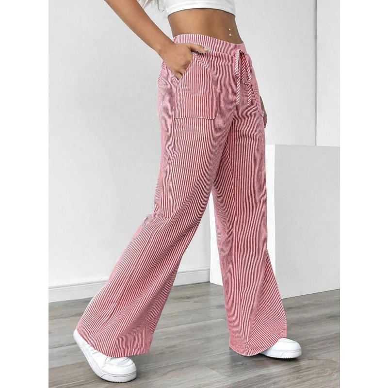 Women's Striped Drawstring Waist Wide Leg Pants With Pockets