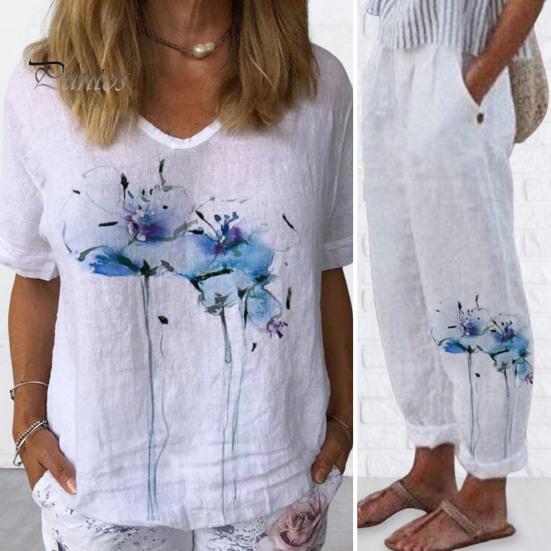 

Женская рубашка из хлопка и льна с простым изысканным узором, женская рубашка из двух частей, комплект брюк для женщин