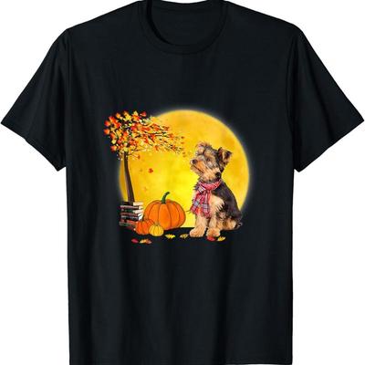 Funny Yorkie Dog Leaf Fall Hello Autumn Thanksgiving T Shirt - Men's Summer Cotton Graphic Tee