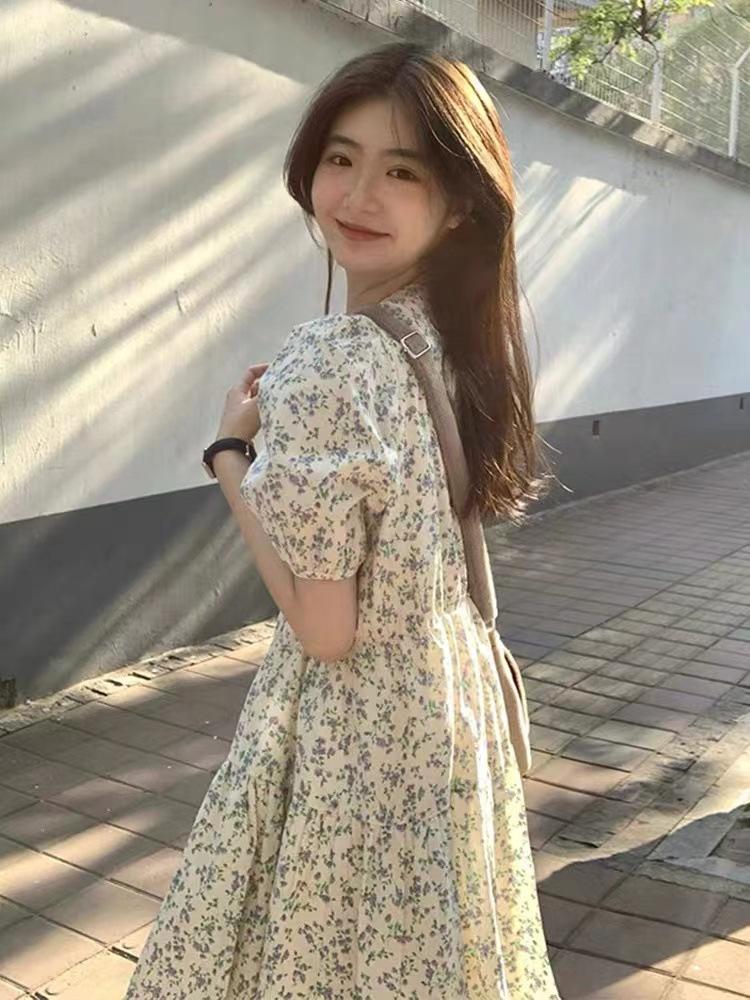 New summer women's clothing coffee break Platycodon French floral dress women's spring chic long skirt